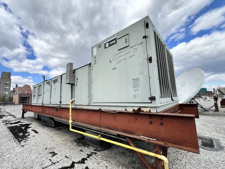 Trane 20-ton packaged rooftop unit on a New York City commercial building roof, on a JJR Mechanical maintenance contract