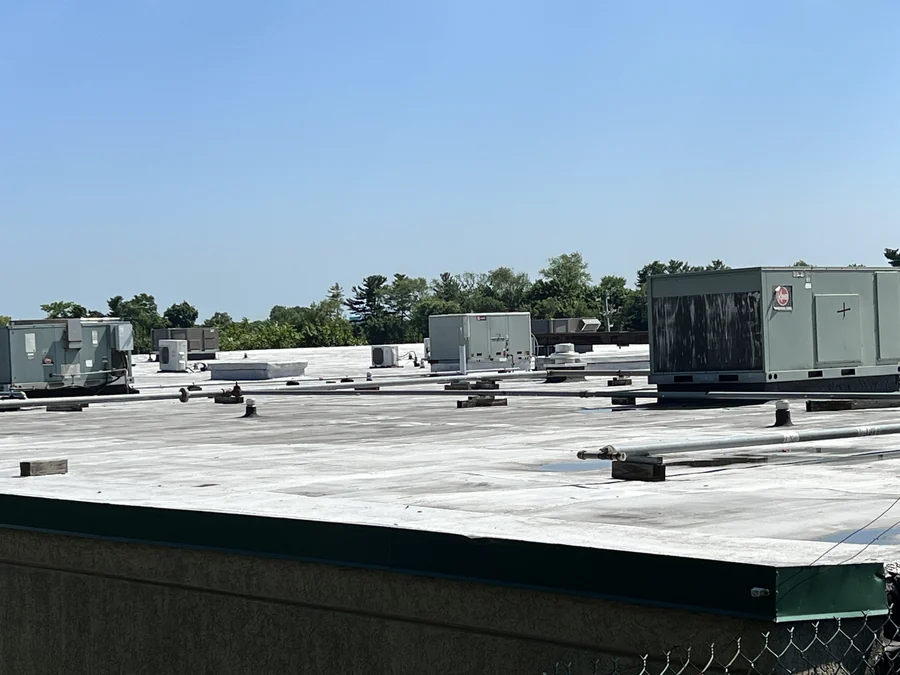 Commercial building roof with multiple packaged rooftop units serviced under a scheduled maintenance program